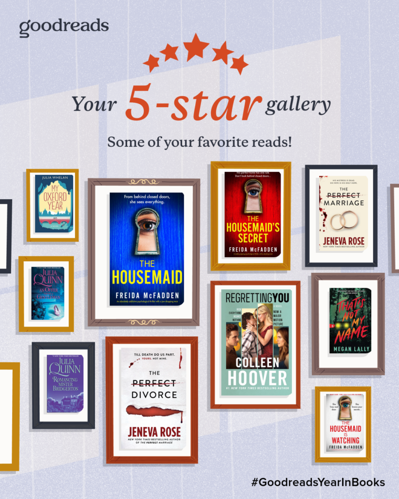 Goodreads five star gallery featuring favorite titles from the 2025 books I read including The Housemaid and My Oxford Year.