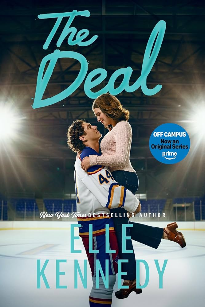 The Deal book vs show TV adaptation poster featuring Garrett Graham holding Hannah Wells on an ice hockey rink from the Off-Campus Amazon Prime series.