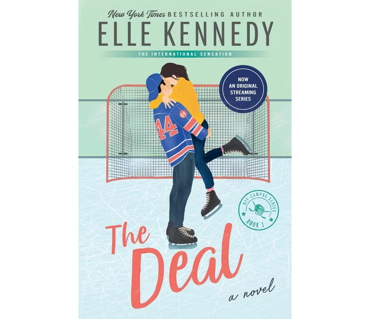 The Deal by Elle Kennedy book cover featuring hockey romance couple Garrett Graham and Hannah Wells embracing in front of a hockey goal.