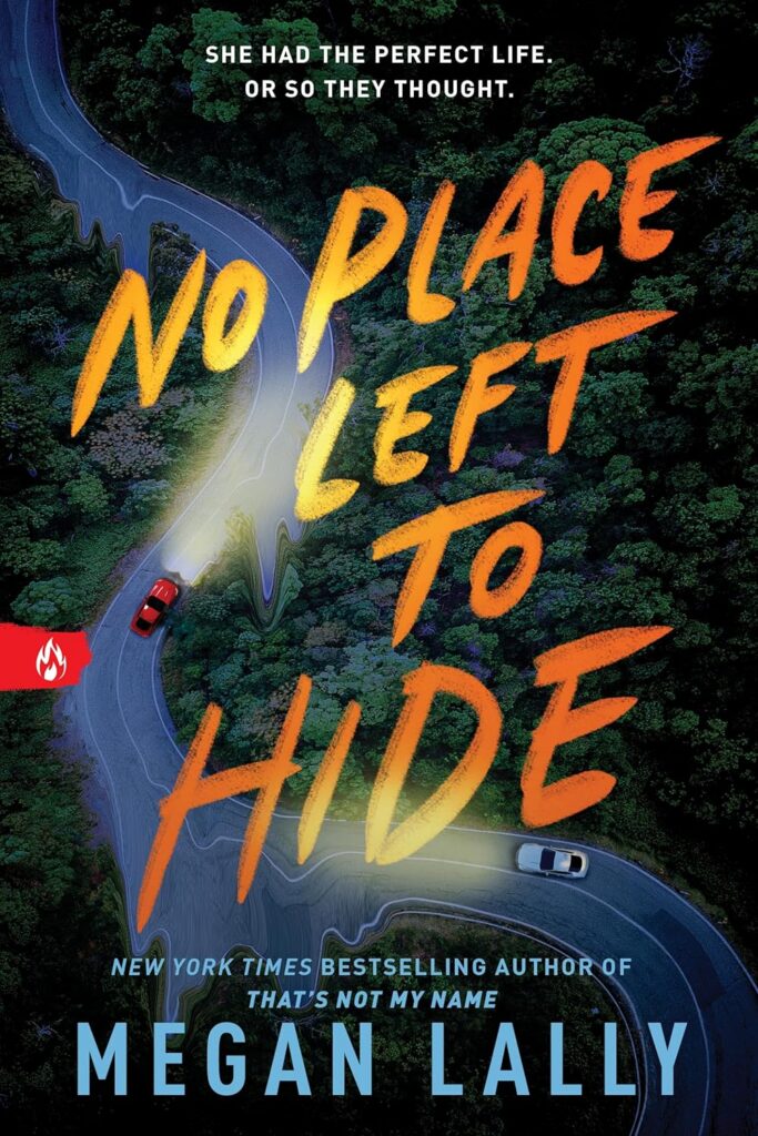 Cover of No Place Left To Hide by Megan Lally featuring a winding forest road, two cars, and distorted pavement reflecting the psychological suspense of the YA thriller.